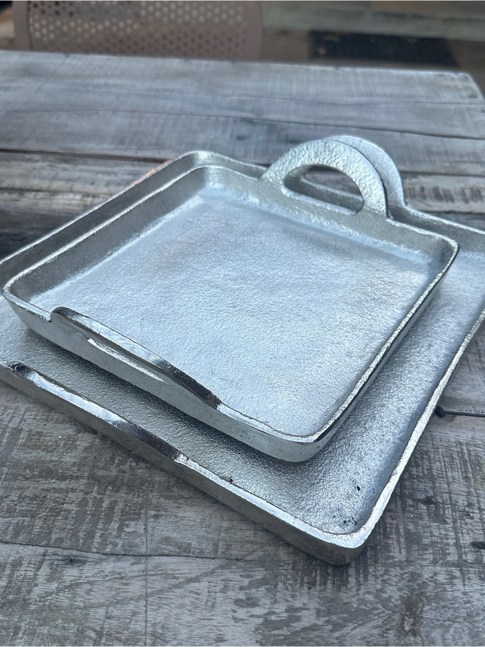 Silver Square Metal Trays with Handle - Set of 2